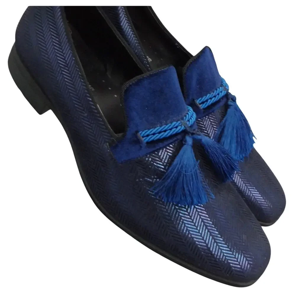 Stacy Adams Sonata Navy Blue Loafers Tassel Dress Shoes Chevron Mens 9
